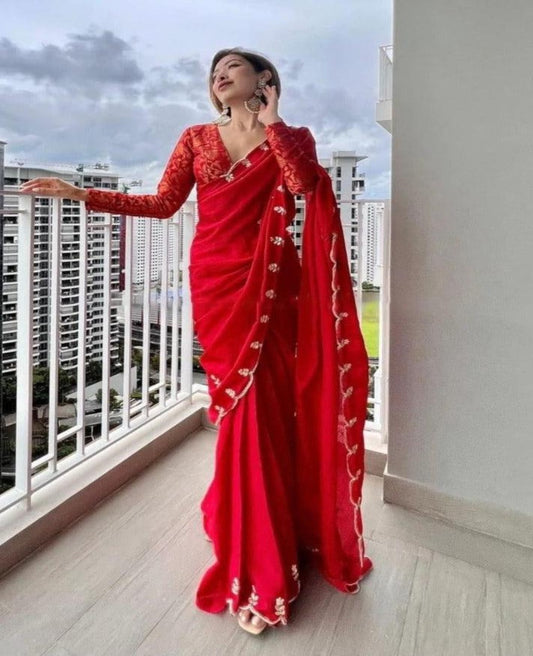 Red Faux Chiffon Handwork Saree