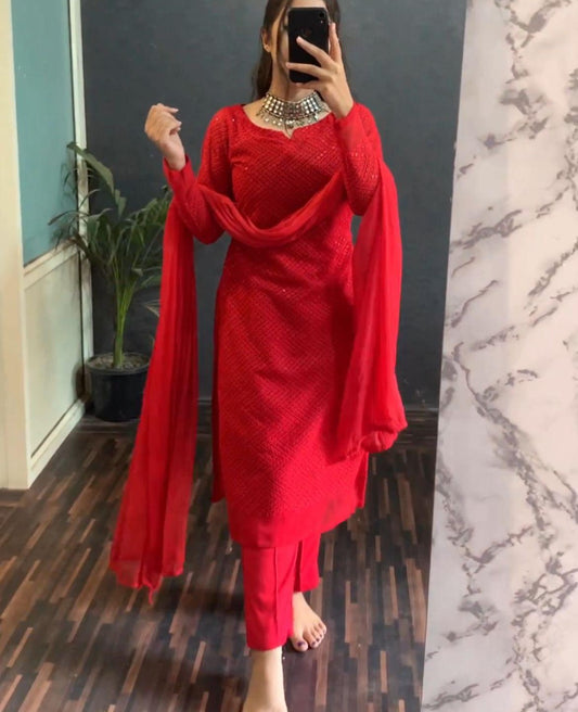 Red Georgette-Organza Chikankari Suit