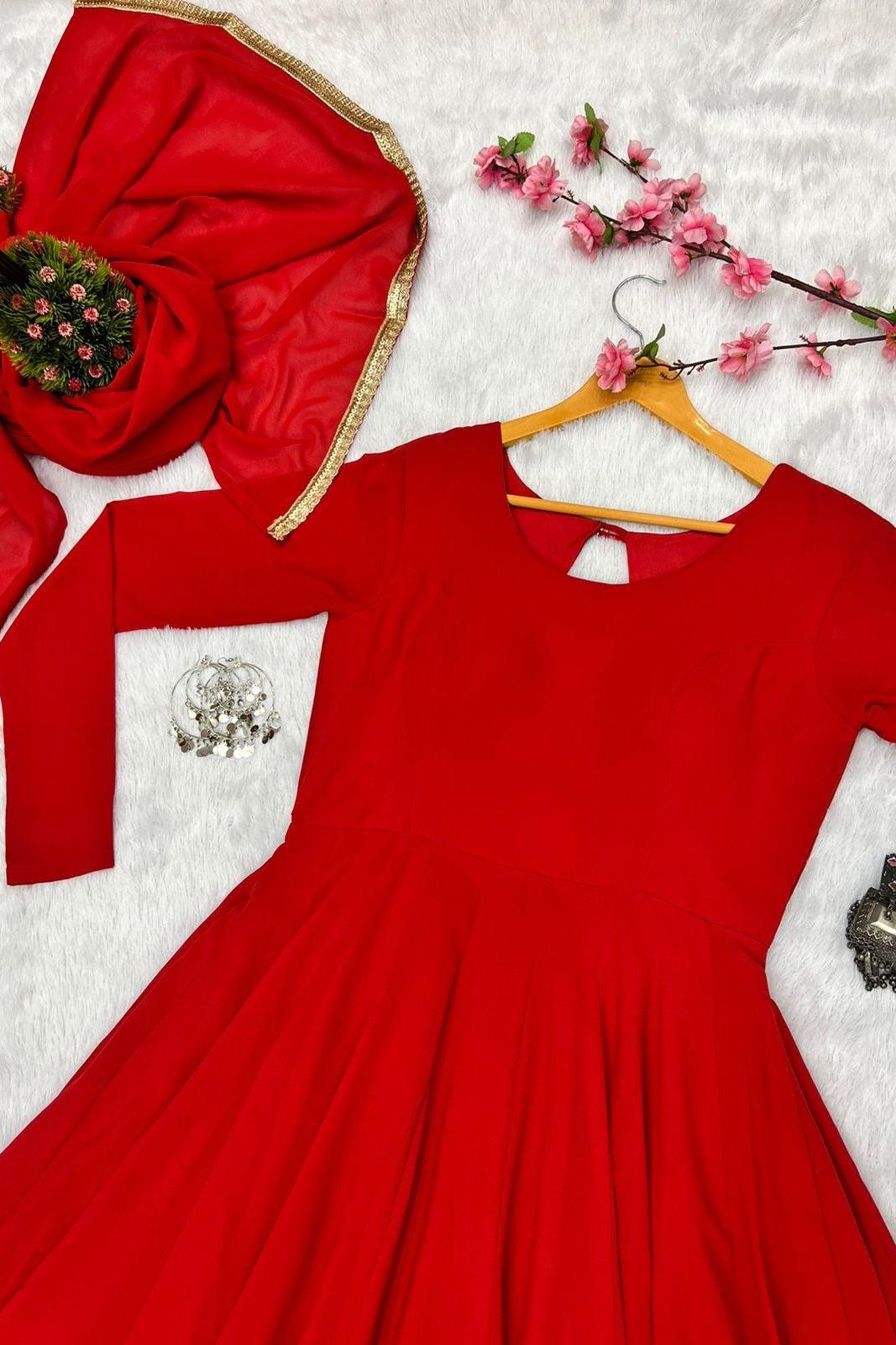 Solid Red Georgette Heavy Flared Suit