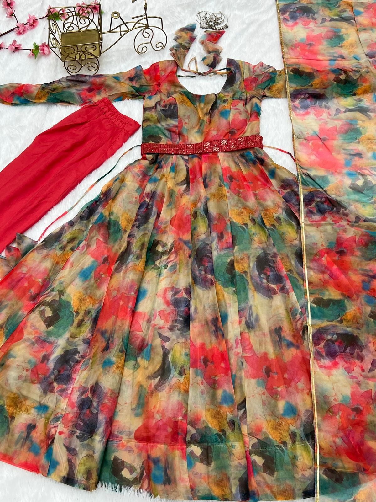 Tabby Organza Printed Belted suit