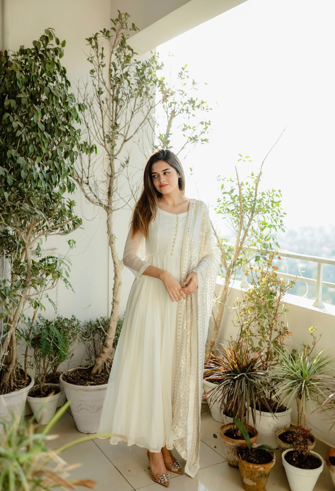 White Faux Georgette Thread Work Gown