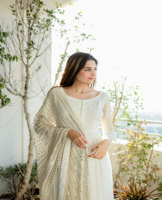 White Faux Georgette Thread Work Gown