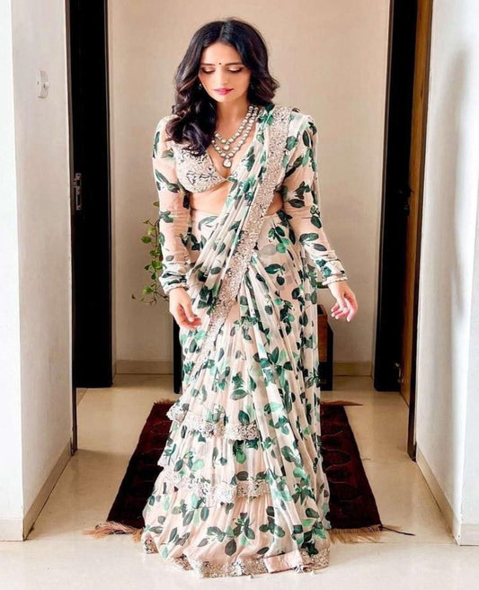 White-Green Georgette Resa Work Ruffle Saree