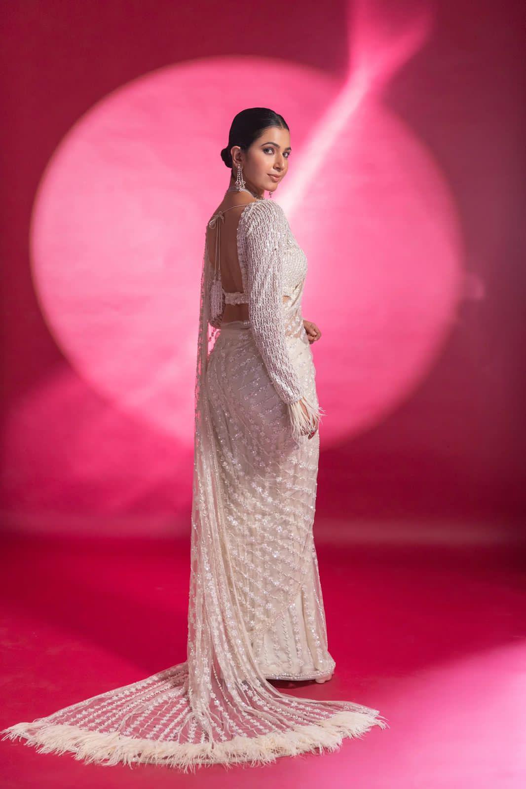 White Net Heavy Sequins Work Saree