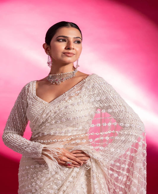 White Net Heavy Sequins Work Saree